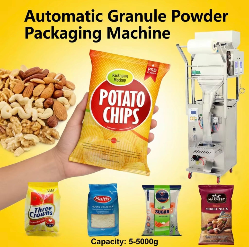 Máquina de empaque multifuncional para llenado y sellado 500 a 100g, papas fritas, granos.