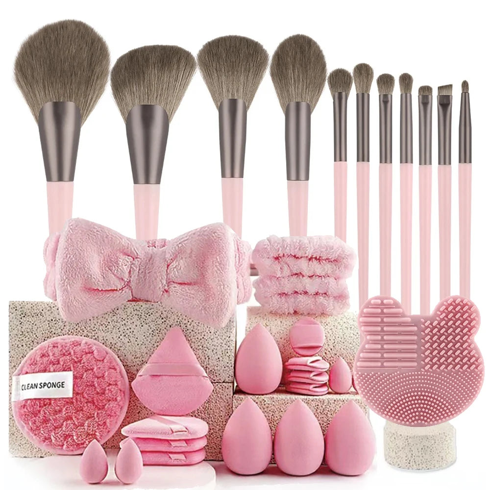 Set Profesional de Maquillaje (20-32 pzs) – Brochas, Esponjas, Diadema y Accesorios