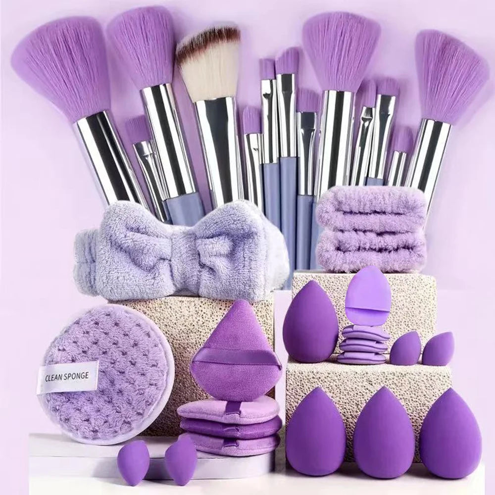 Set Profesional de Maquillaje (20-32 pzs) – Brochas, Esponjas, Diadema y Accesorios